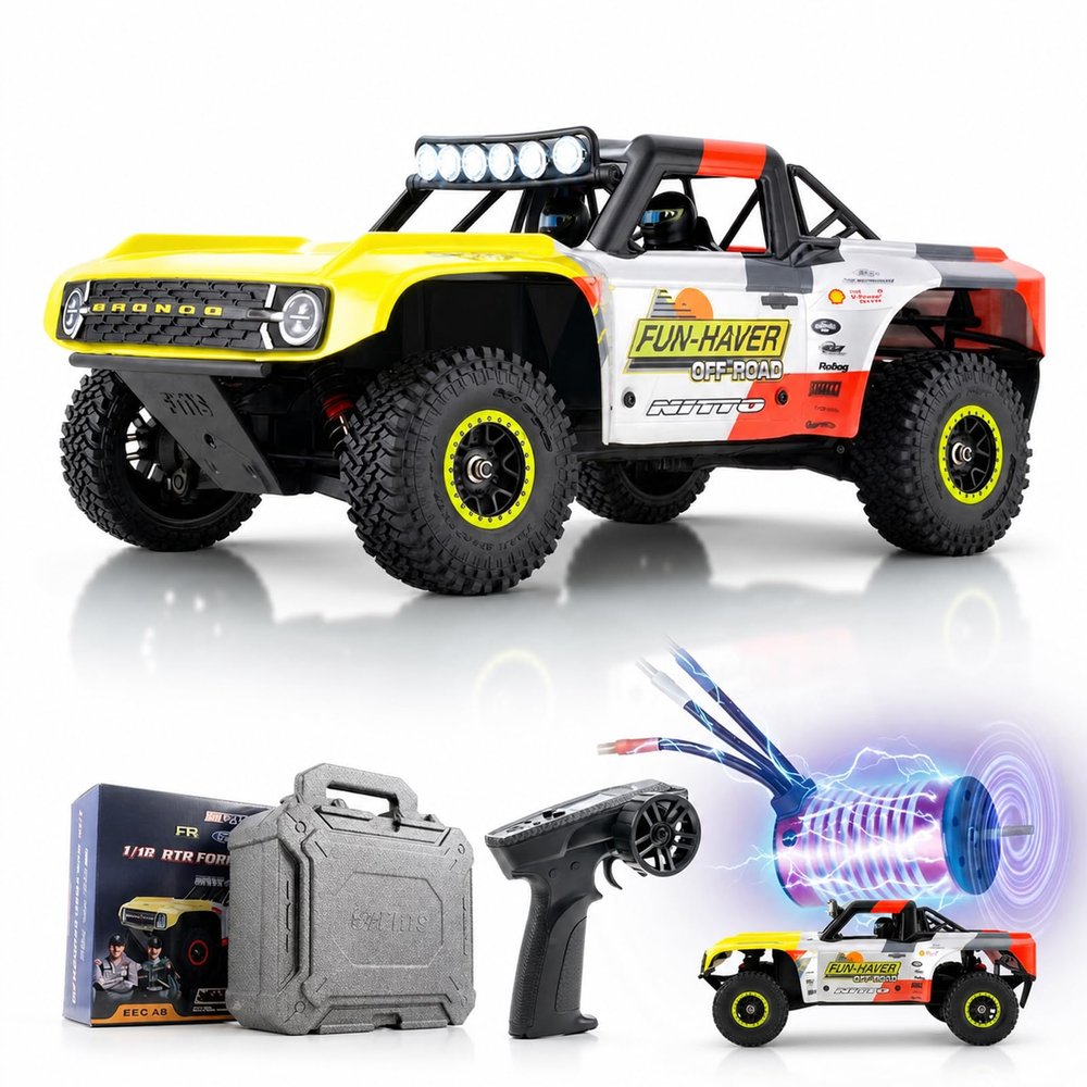 EAZYRC FMS 1/18 RC Truck FSC18 Ford Bronco, Officially Licensed by Ford Short Course RC Car, 4x4 Off-Road RC Crawler with LED Lights, and Quick-Release Body-RS (Race Livery A (Brushless RS))