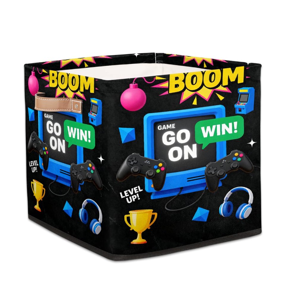Kids Cube Storage Bins with Handles Toy Box Organizer Storage Basket Boys Girls for Playroom Nursery Shelf Book Room Decor(Game Time)