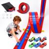 Triple-Lane Flexible Race Track for Kids - 16.4ft Suction Cup Gravity Ramp for 1/64 Cars, 3-Lane Roll Up Racetrack with 6 Vehicles, Compatible with 1/64 Diecast Cars, Gift for Boys Girls 3-12, Red view 1