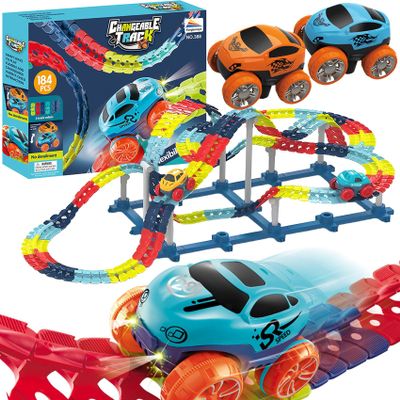 Anti Gravity Race Track with LED Light-Up Race Car - Glow in The Dark Flexible Track Set for Kids, Interchangeable Car Shells & Multicolor Changeable Tracks (1 Car, 142 in)