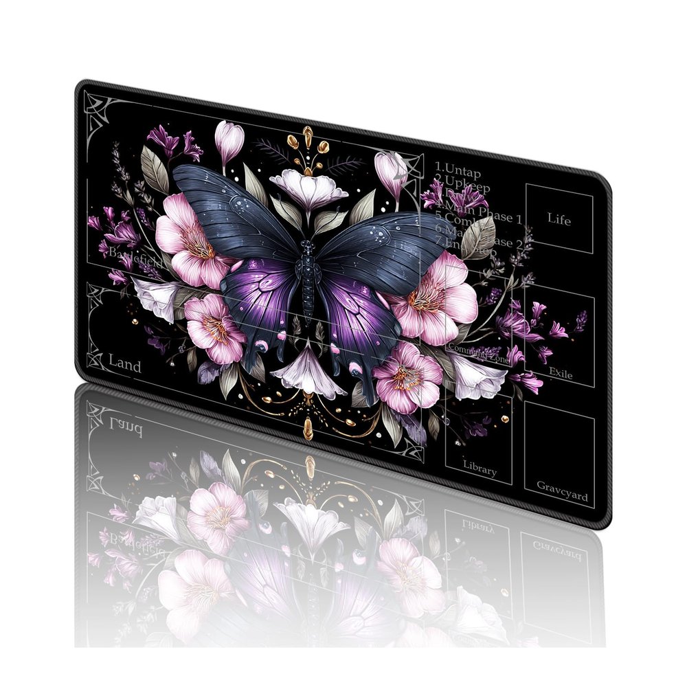 TOEMZTFT Playmat for MTG, with Free Storage Bags,Game Mat 24 x 14 inches, TCG and Board Game Mat for Cards,Mousepad Desk MatsButterfly Floral Pattern