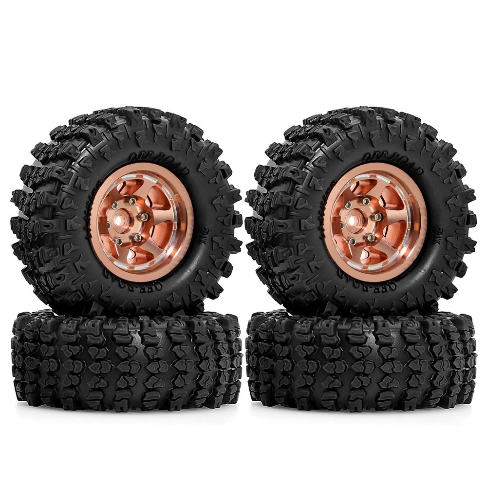 1.3" RC Crawler Tires and Aluminum Wheel Rim Set 7mm Hex For RC climbing cars 1/18 1/24 scale SCX24 AX24 FCX24 XC-1 RTR CR-18P k10 or similar scale models DIY upgrade (Bronze R348)