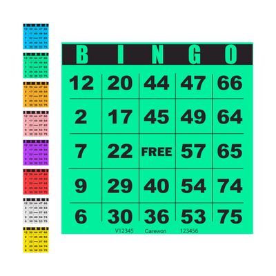 Carewon 100 Bingo Cards, Large 4.5" x 4.5", Green (1 of 8 Colors), Paper Bingo Sheets, Disposable or Reusable for Daubers or Chips