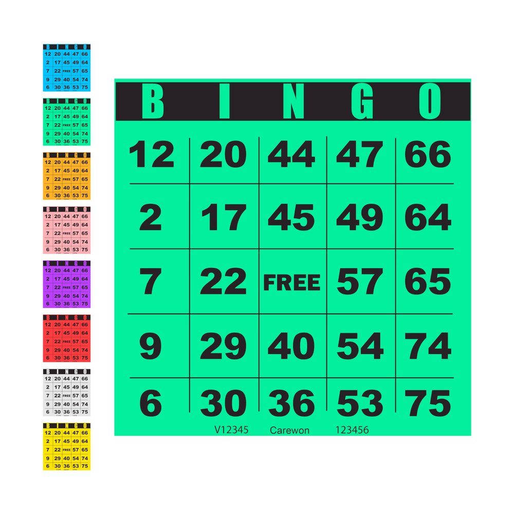 Carewon 100 Bingo Cards, Large 4.5" x 4.5", Green (1 of 8 Colors), Paper Bingo Sheets, Disposable or Reusable for Daubers or Chips