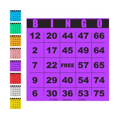 Carewon 100 Bingo Cards, Large 4.5" x 4.5", Purple (1 of 8 Colors), Paper Bingo Sheets, Disposable or Reusable for Daubers or Chips