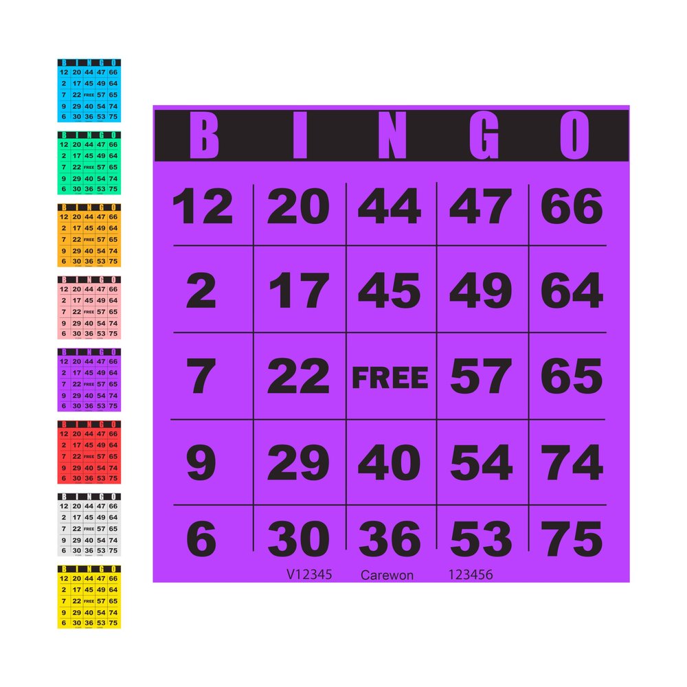 Carewon 100 Bingo Cards, Large 4.5" x 4.5", Purple (1 of 8 Colors), Paper Bingo Sheets, Disposable or Reusable for Daubers or Chips