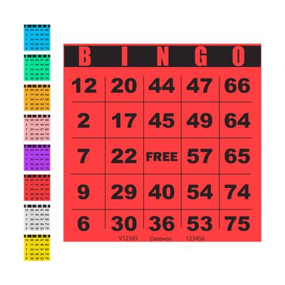 Carewon 100 Bingo Cards, Large 4.5" x 4.5", Red (1 of 8 Colors), Paper Bingo Sheets, Disposable or Reusable for Daubers or Chips