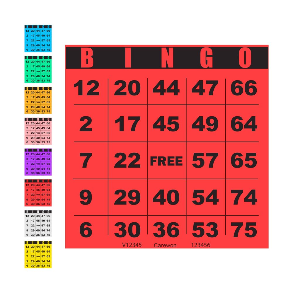 Carewon 100 Bingo Cards, Large 4.5" x 4.5", Red (1 of 8 Colors), Paper Bingo Sheets, Disposable or Reusable for Daubers or Chips