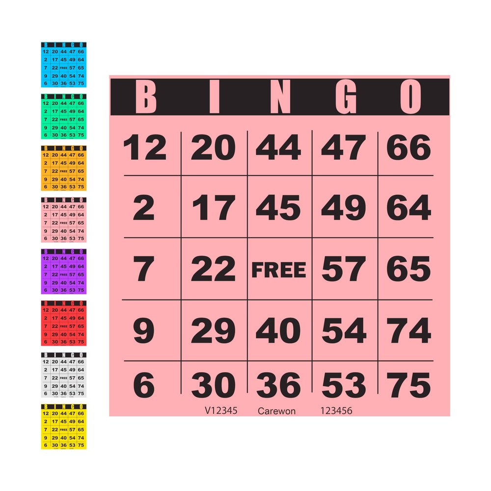 Carewon 100 Bingo Cards, Large 4.5" x 4.5", Pink (1 of 8 Colors), Paper Bingo Sheets, Disposable or Reusable for Daubers or Chips