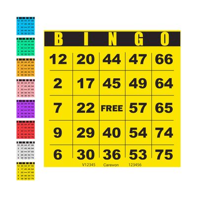 Carewon 100 Bingo Cards, Large 4.5" x 4.5", Yellow (1 of 8 Colors), Paper Bingo Sheets, Disposable or Reusable for Daubers or Chips