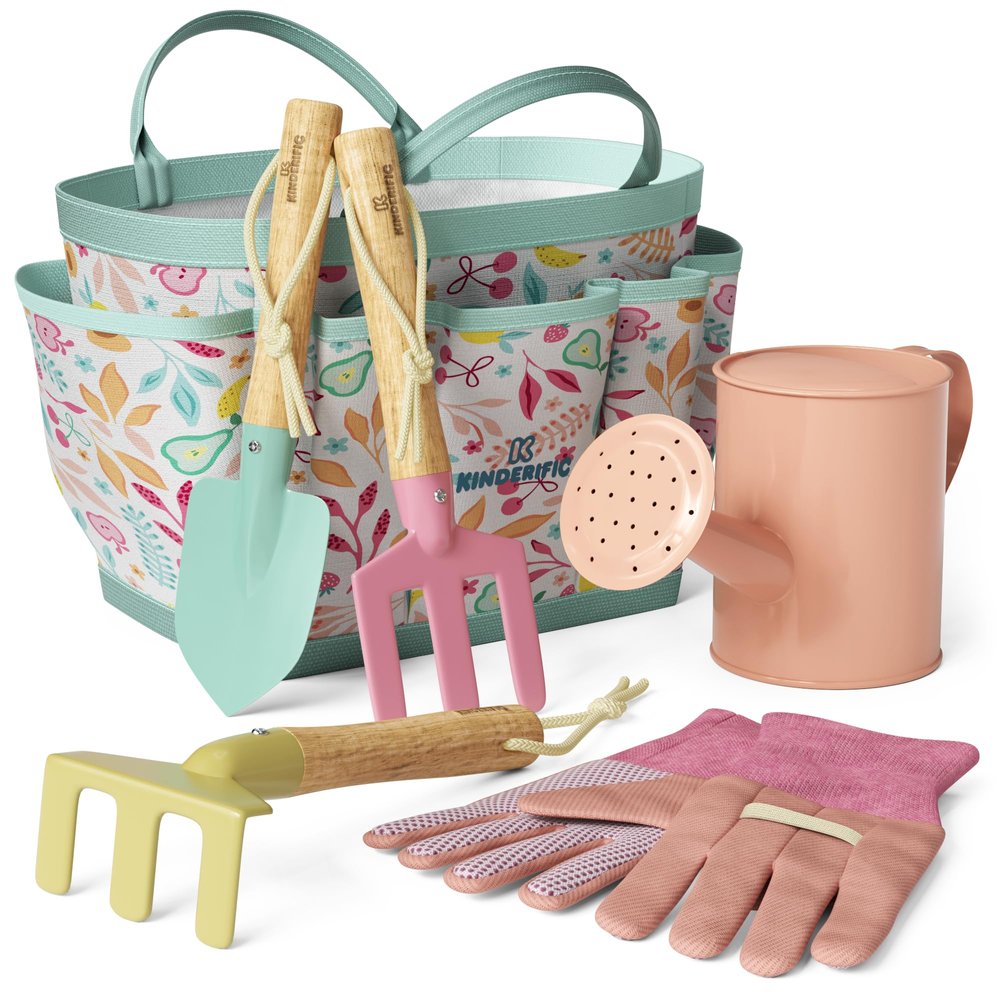 Kinderific Gardening Set, Tool Kit, for Kids, STEM, Includes Tote Bag, Spade, Watering Can, Rake, Fork, Trowel and Gloves, Fruity