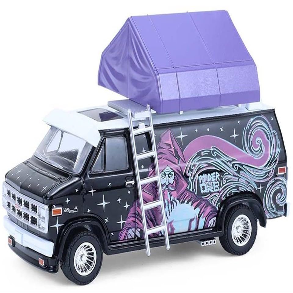1978 Vandura Custom Van Black with Wizard Graphics and White Top with Camp'otel Cartop Sleeper Tent The Great Outdoors Series 4 1/64 Diecast Model Car by Greenlight 38080C