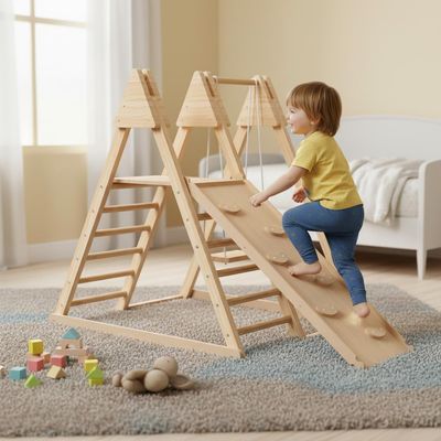 FEBORY Juniper 4-in-1 Indoor Wooden Play Gym with Slide, Swing, Ladder, Natural Pine Construction, 44.9x44.5x29.7 Inches, 220 lbs Weight Capacity