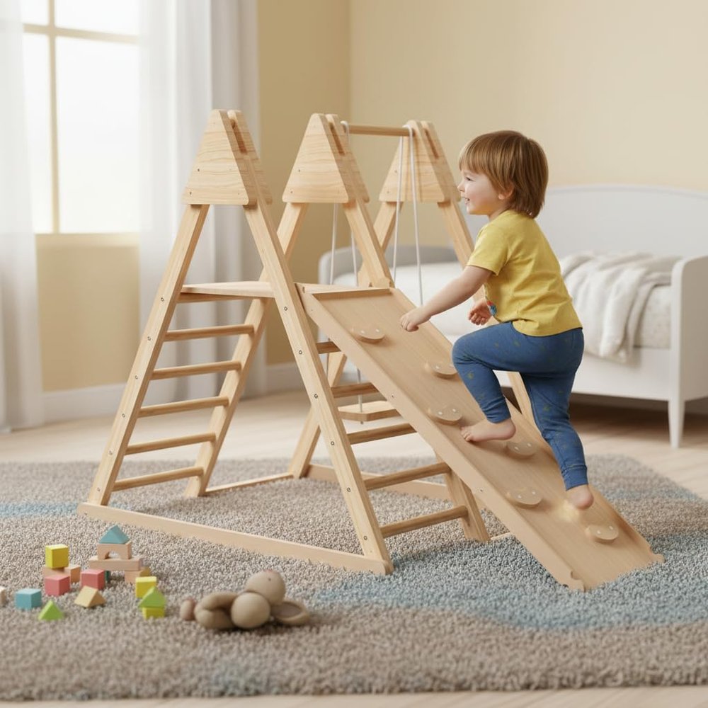 FEBORY Juniper 4-in-1 Indoor Wooden Play Gym with Slide, Swing, Ladder, Natural Pine Construction, 44.9x44.5x29.7 Inches, 220 lbs Weight Capacity