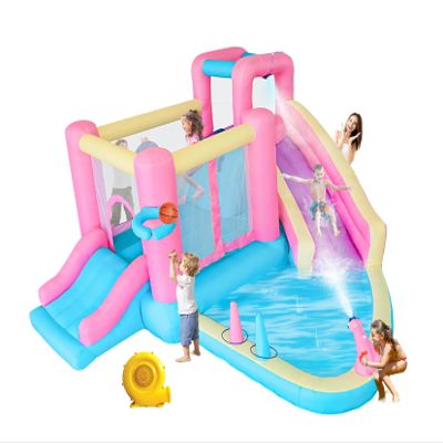 Bestsun Inflatable Water Slide for Kids, Bounce House with Slide, Pool, Water Cannon, Climbing Wall, Blower Included, Outdoor Summer Fun for Kids, 141x138x78 Inches, Pink