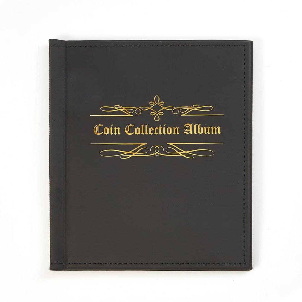Coin Collection Album with 200 Pockets, 33x33 mm Grid Holders, 10 Pages, Black Book for Pounds Pence Cents Dollars Nickel Storage