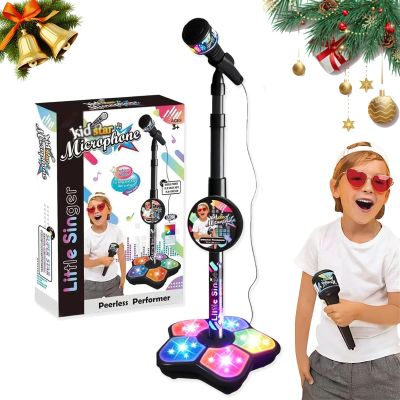 The All-in-One Microphone Toy, Kids Microphone with Stand Adjustable, Kids Karaoke Machine, Built-in Music, Colorful Lights and Echo Effects, for Aged 3-8 Boys Girls (Black)