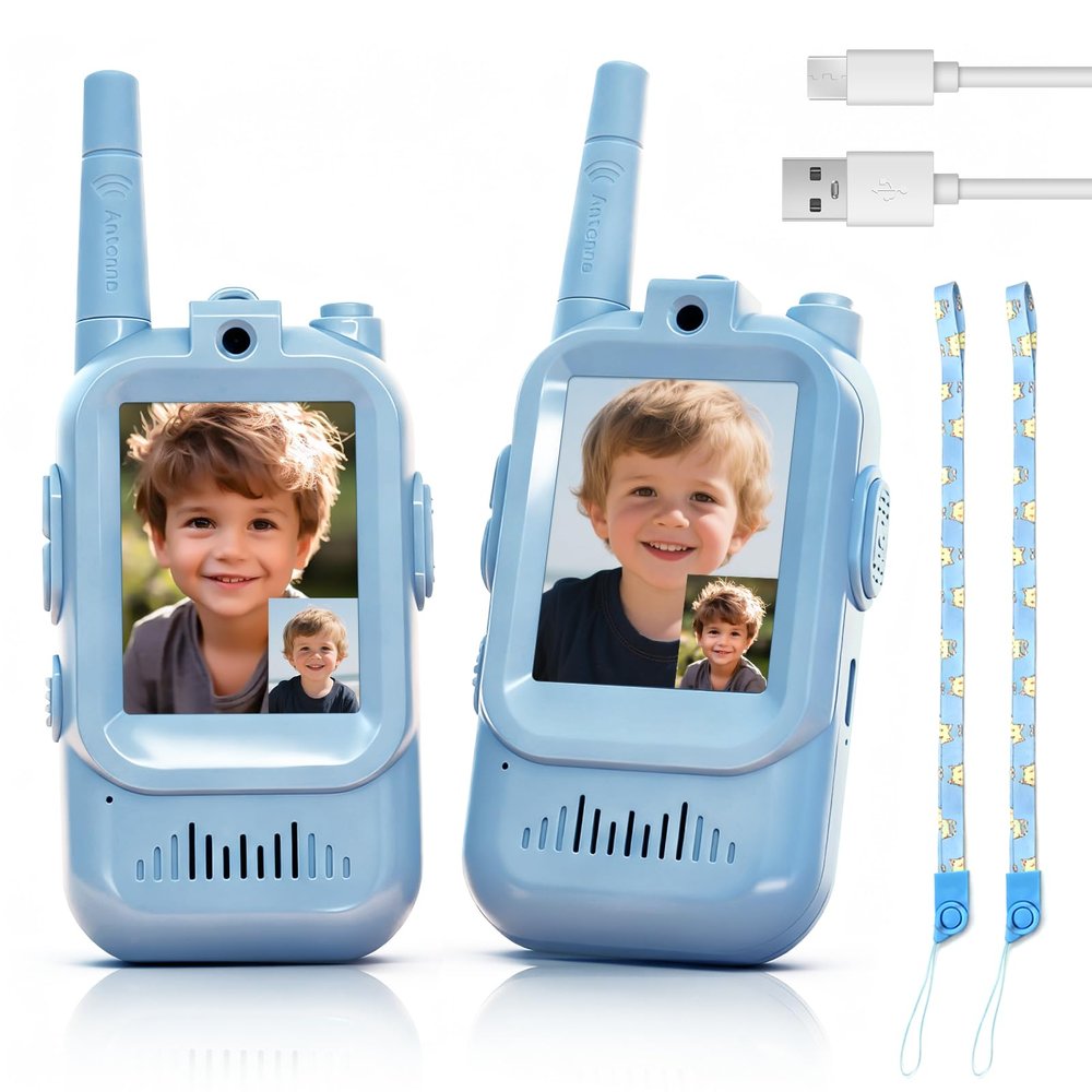 Video Walkie Talkies for Kids, 2 Pack Rechargeable Kids Walkie Talkies with HD Camera, Real-Time Video Chat, Voice Changer, 1000FT Range, Outdoor Toys for Boys Girls Ages 3-12(Baby Blue/Baby Pink)
