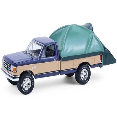 1987 F 150 XLT Lariat Pickup Truck Dark Blue and Tan with Modern Truck Bed Tent The Great Outdoors Series 4 1/64 Diecast Model Car by Greenlight 38080D