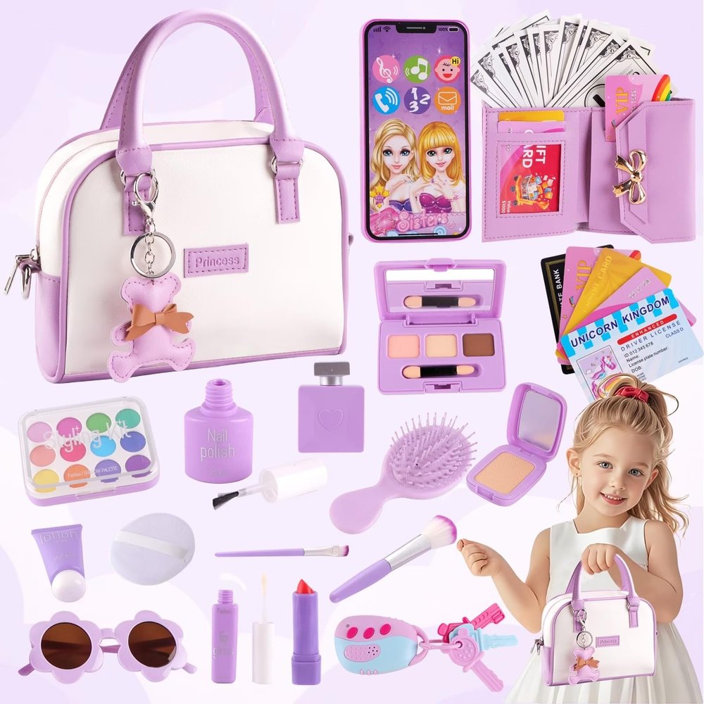 Kids Toddler Play Purse, 37-Piece Set with Handbag, Pretend Makeup, Wallet, Phone & Princess Toys Creative Role Play Gift for Girls Ages 3-6