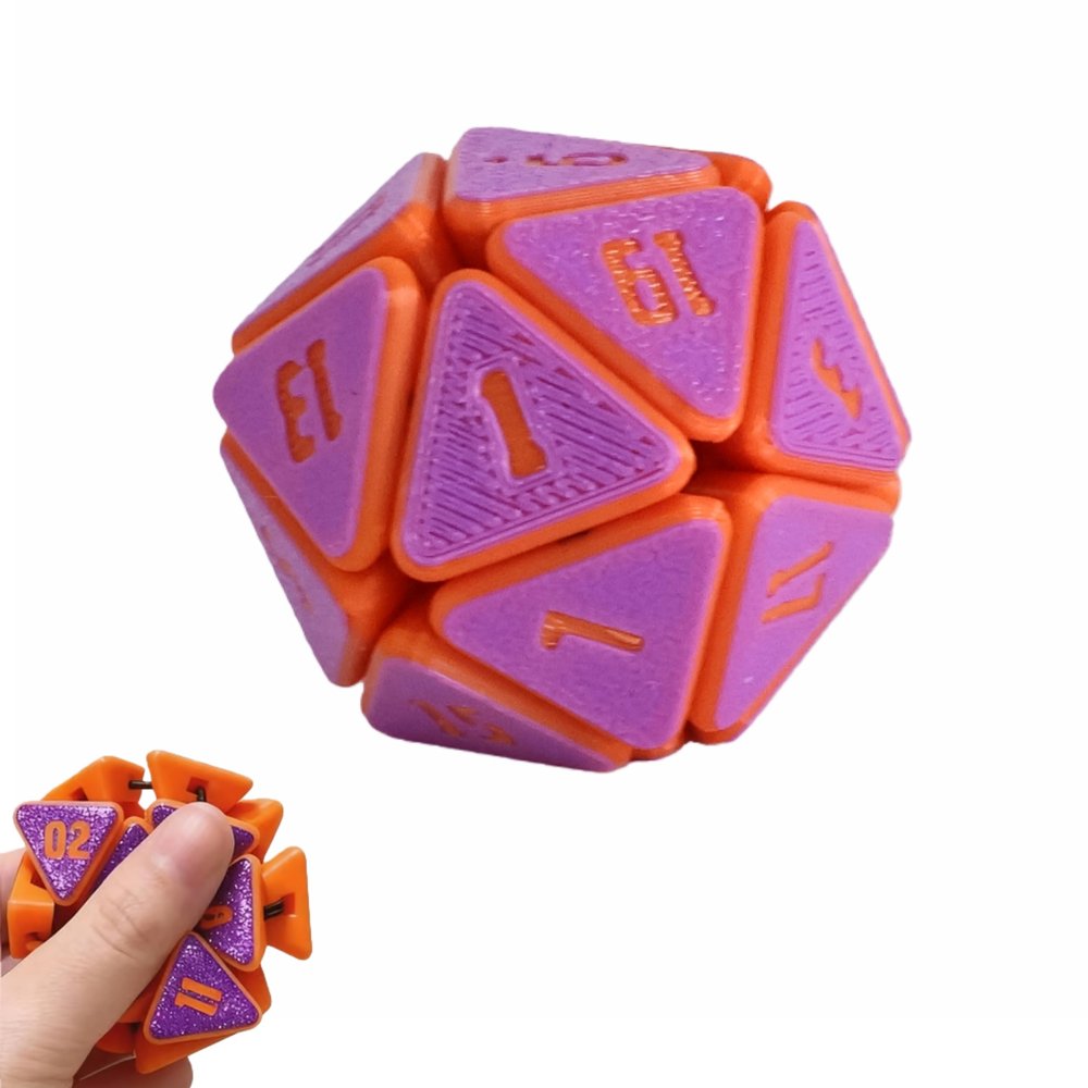 3D Printed Squishy D20 Fidget - Stress Relief Cube for Anxiety & Focus, Satisfying Clicking Sensory Toy for Adults, Perfect for Desk Fidgeting, Gift Idea (Laser Orange/Purple, 1pcs)