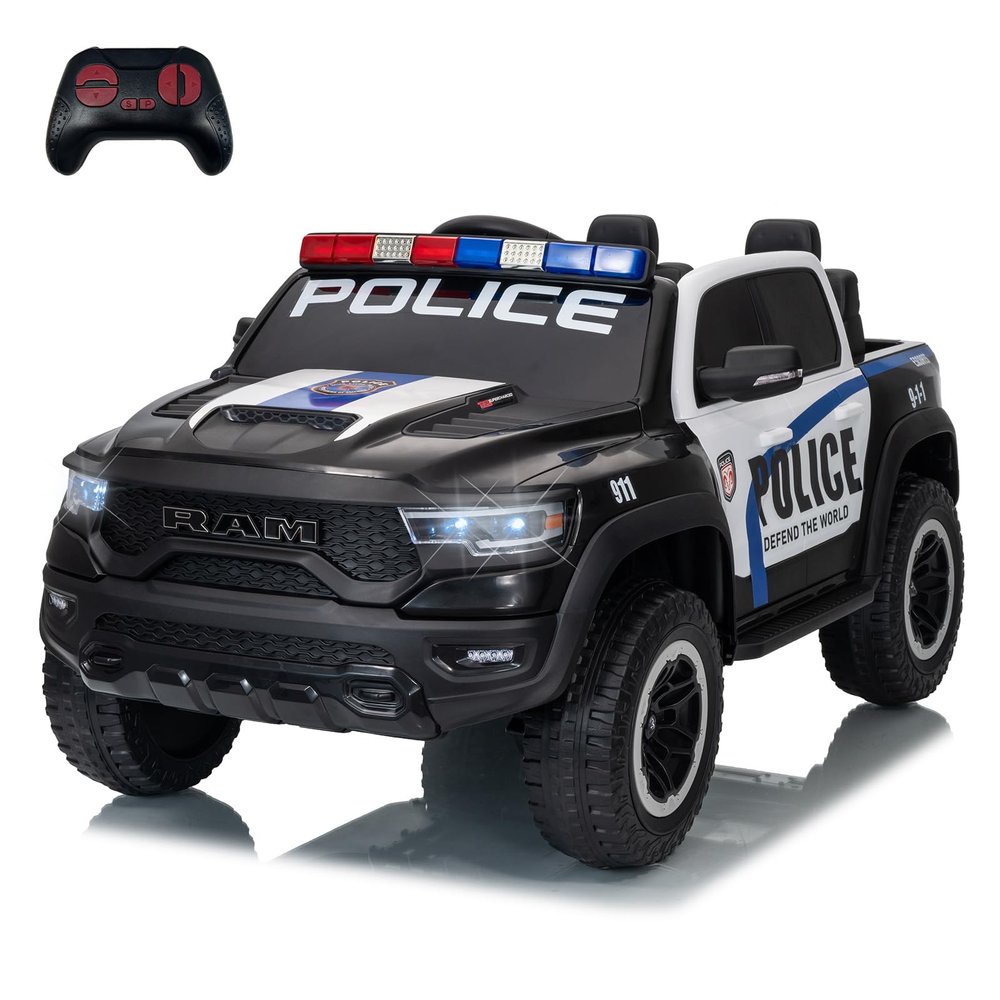 12V Ride on Police Car for Kids, Licensed RAM Remote Control Toddler Truck, Electric Pickup Truck Car w/Parental Control, Truck Bed Storage, LED Lights & Music