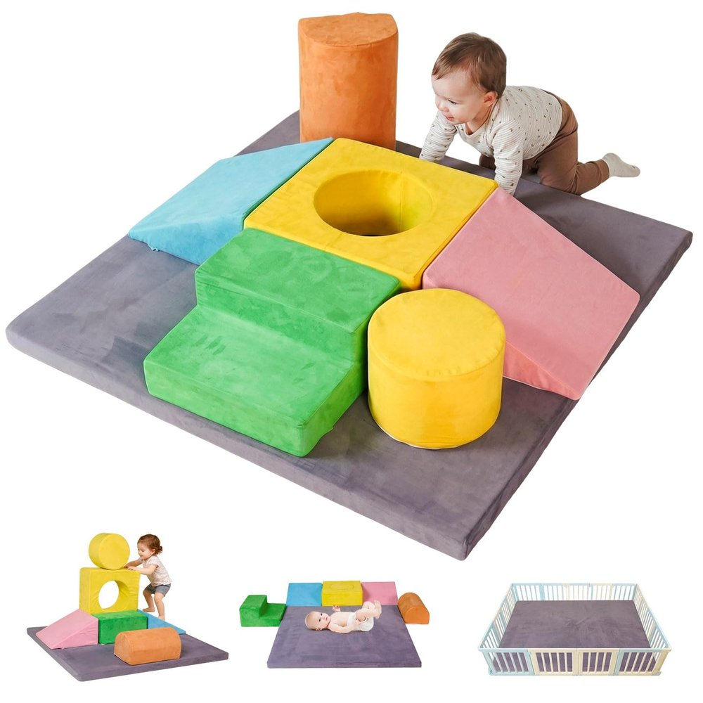 Foam Climbing Blocks for Toddlers with 47"x47'' Crawling Play Mat,7-Piece Soft Play Set for Babies,Kids Climbing Toys Indoor,Crawling,Sliding & Building in Playroom & Daycare,Gray & Multicolor