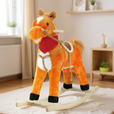 Bluethy Rocking Horse for Toddlers Ages 1-6, Plush Ride On Toy with Sounds Moving Mouth & Wagging Tail, Interactive Wooden Rocker for Kids, Baby Rocking Chair Toys up to 120kg (Light Brown M)