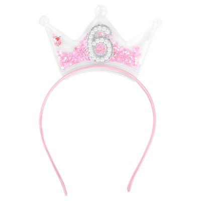 Penitue 6th Birthday Headband, Pink Glitter 6 Crown Pearl Headpiece Six Sixth Birthday Party Decoration Accessory for Girl