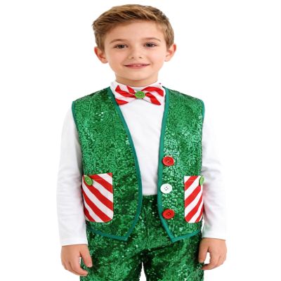 Fldy Kids Boys Christmas Vest Shiny Sequins Tank Tops with Candy Cane Striped Pockets And Bow Xmas Elf Costume Green 8 Years