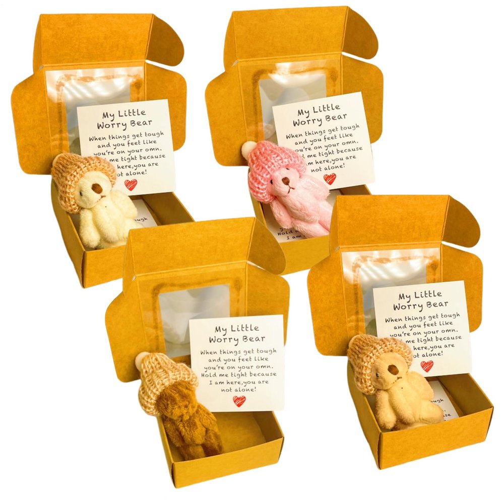 4 Pieces Mini Plush Bear in Box, Small Bear Plush with Inspirational Card, Cute Cartoon Doll, for Desk Shelf Room Bedroom