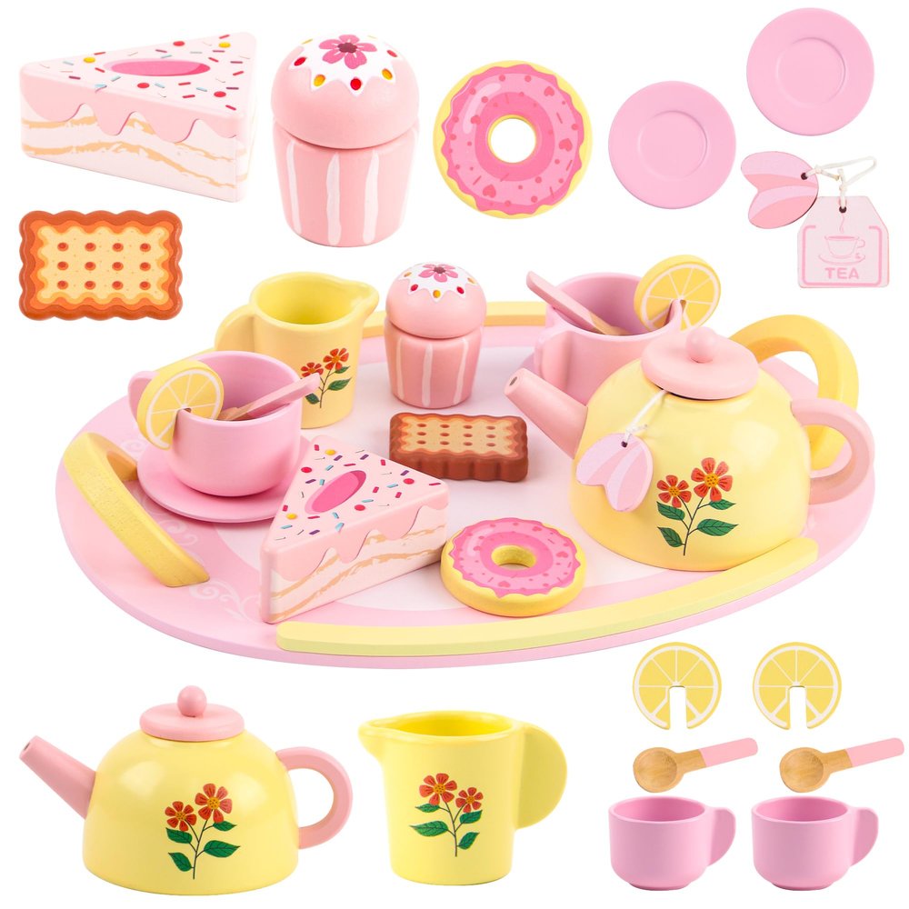 Ranqibo Wooden Tea Sets for Toddlers 3-5, Tea Party Set for Little Girls 4-6, Toddler Tea Set with Teacups, Dessert Food Items and Tray, Birthday Gift for Kids Aged 3-6