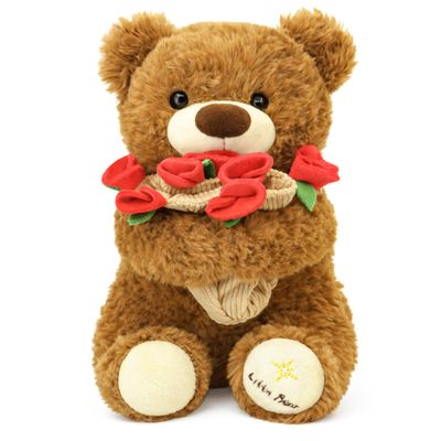 11.8 in Bouquet Teddy Bear Plush Toy, Rose Plush Bouquet, Romantic Flower Hat Bear Stuffed Plush, Perfect as a Birthday, Holiday for Boys and Girls (Brown - Small)