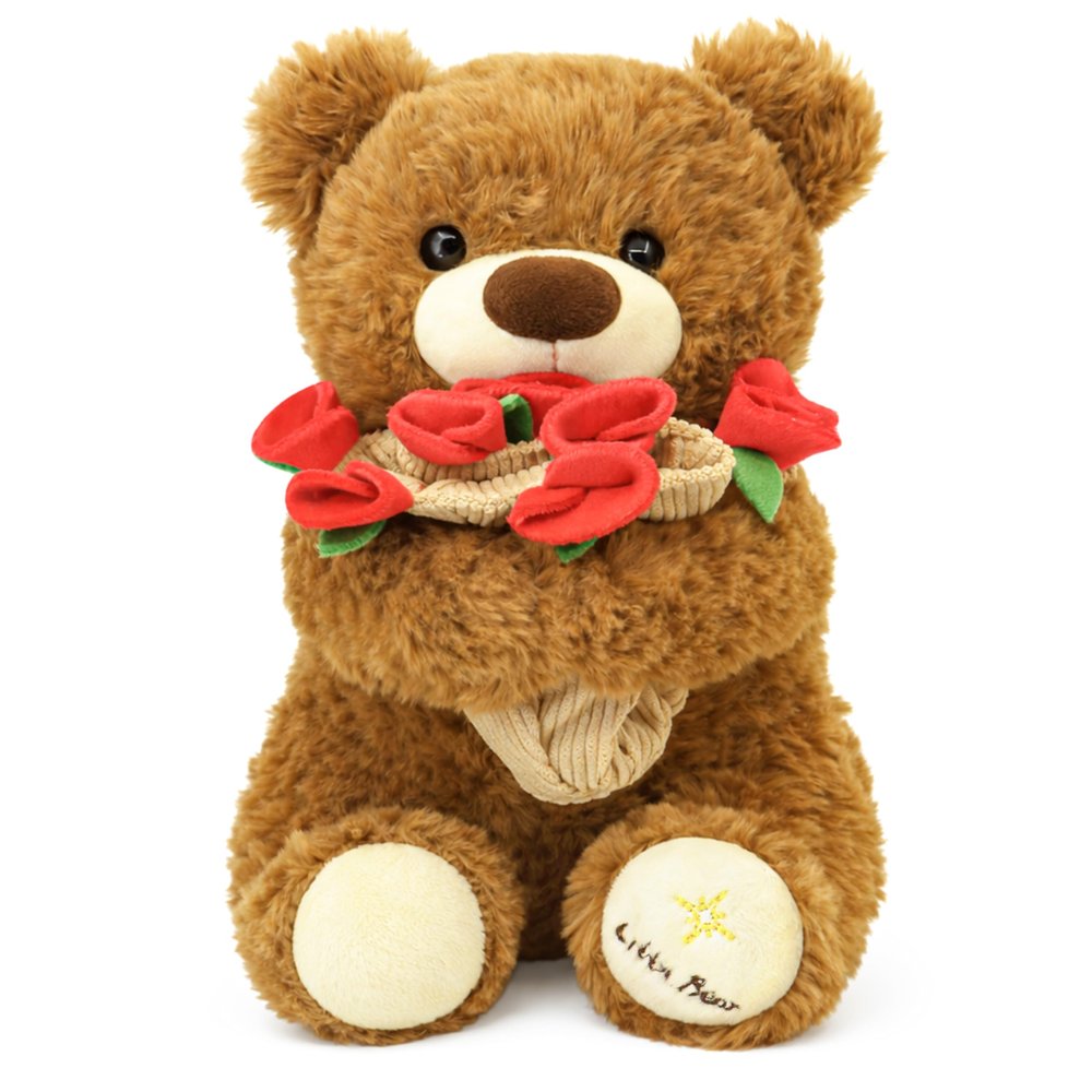 11.8 in Bouquet Teddy Bear Plush Toy, Rose Plush Bouquet, Romantic Flower Hat Bear Stuffed Plush, Perfect as a Birthday, Holiday for Boys and Girls (Brown - Small)