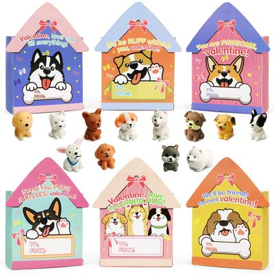 24 Pack Valentines Day Cards with Dog Figurines, Valentines Day Gifts for Kids of Puppy Miniature Toys, Kids Valentines Cards Box & Resin Mini Dog Toys, Valentines Party Favors for Boys Girls