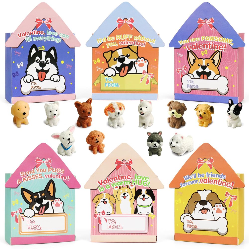 24 Pack Valentines Day Cards with Dog Figurines, Valentines Day Gifts for Kids of Puppy Miniature Toys, Kids Valentines Cards Box & Resin Mini Dog Toys, Valentines Party Favors for Boys Girls
