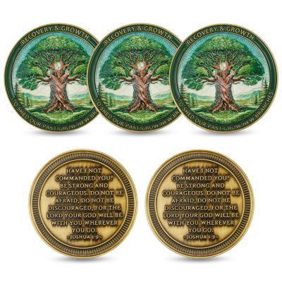 Tree of Life Challenge Coin 5-Pack Joshua 1:9 Bible Verse, Recovery & Growth Theme, Inspirational Christian Collectible with Acrylic Display Cases