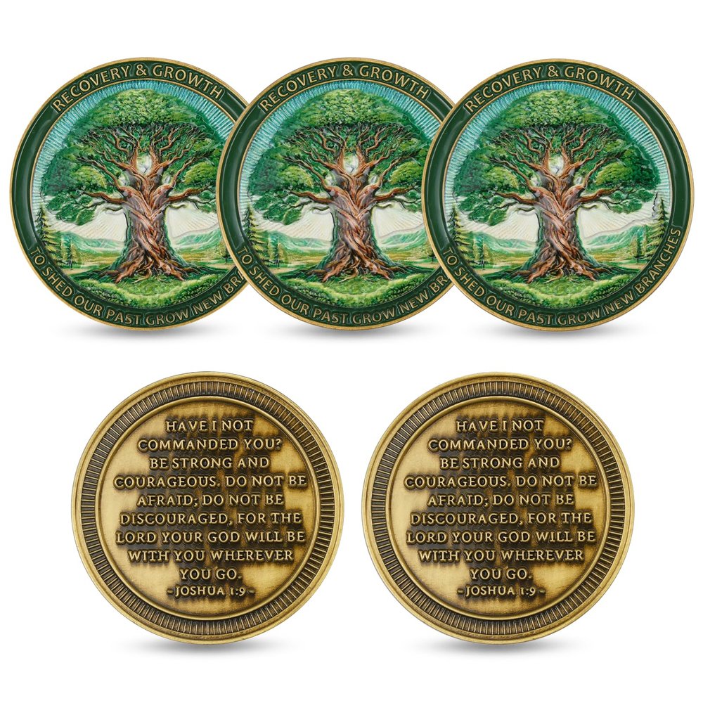 Tree of Life Challenge Coin 5-Pack Joshua 1:9 Bible Verse, Recovery & Growth Theme, Inspirational Christian Collectible with Acrylic Display Cases