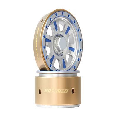 BATRAZZI RC Crawlers Truck Upgrade Parts for 1/18 FMS FCX18 K10& Hummer EV : Aluminum 1.2" Rogue Beadlock Wheels (2pcs) Blue with Plain Sliver hubcaps