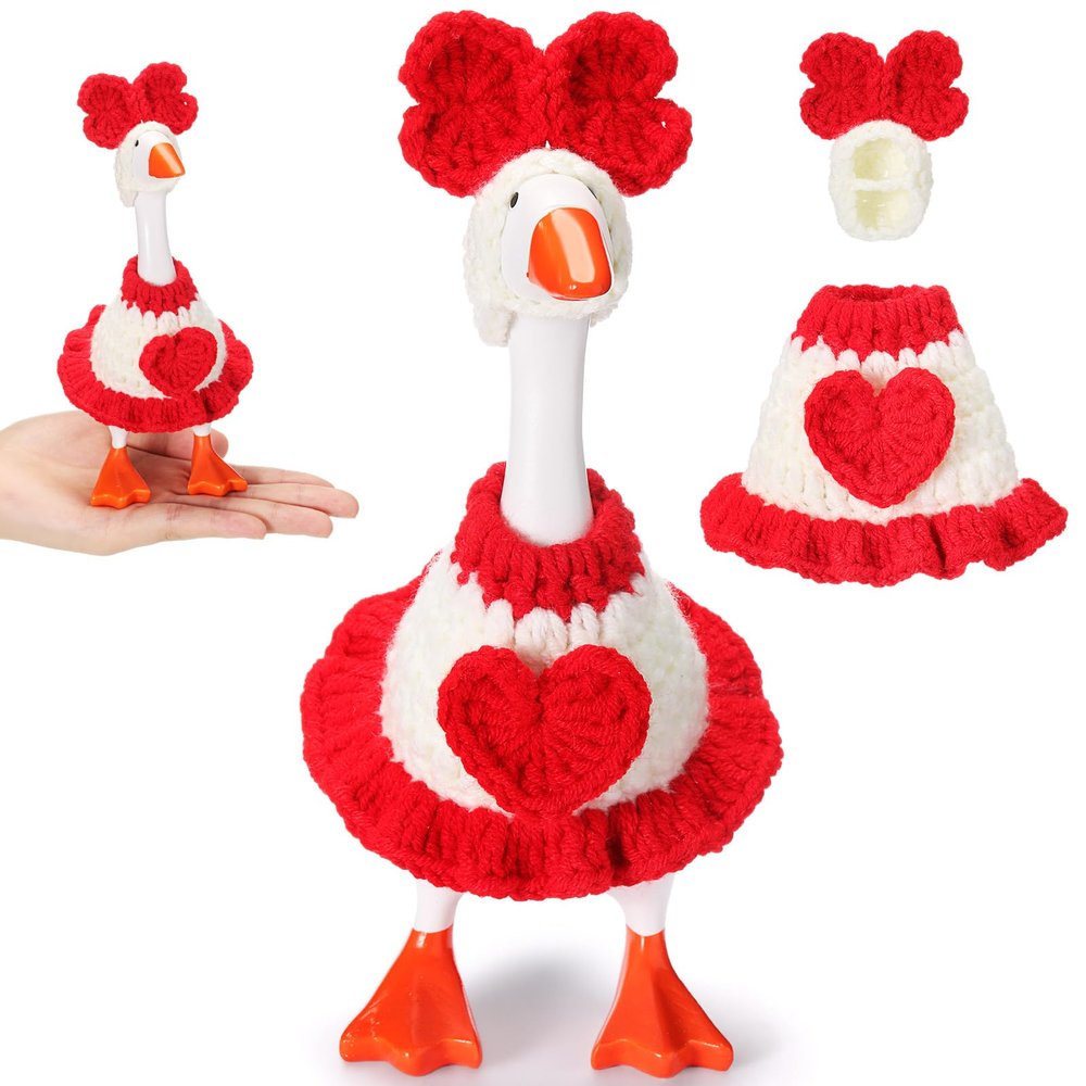 Sunnymove 7 Inch Desk Goose Outfits Mini Desktop Motion Goose Toys Knitting Clothes Hats for Magnetic Geese Key Holder Holiday Decor (Red,Yarn)