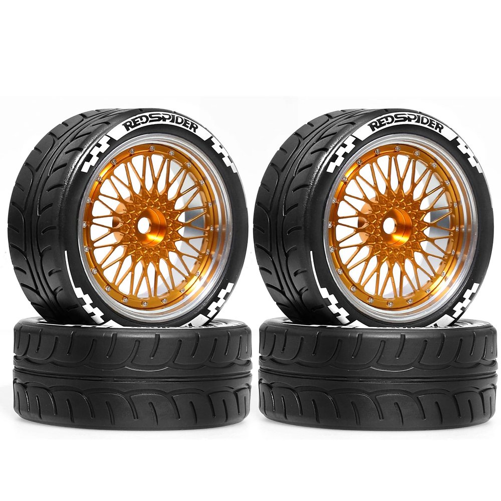 1/10 RC Drift Tires 12mm hex RC Wheels and Tires OD: 65mm for 1/10 Scale RC Hand Wheel Road Cars Tamiya TT01 TT02 XV01 TA06 PTG2 HPI KYOSHO FW06 HSP /4PCS (Gold R421)