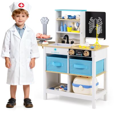 Costzon Kids Wooden Doctor Playset, Medical Activity Center Toy Set w/Blackboard, Pet Scale, Faucet, Sink, Folding Tabletop, Drawers, Carrying Case, Pretend Hospital Playset for Boys Girls 3+ (White)