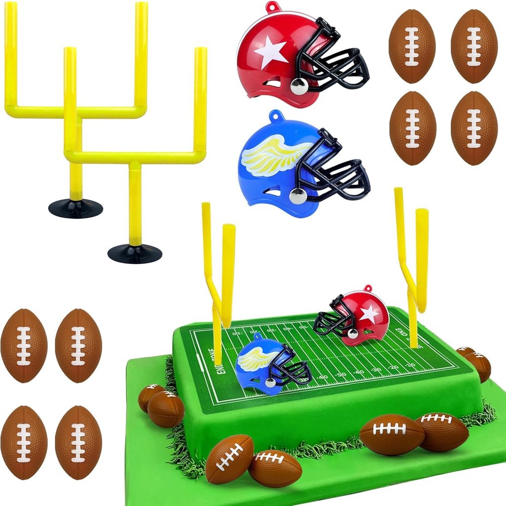 14PCS Football Party Supplies Set Goal Post Cake Topper Mini Footballs Mini Helmet Perfect for Football Themed Birthday Parties and Sports Gatherings