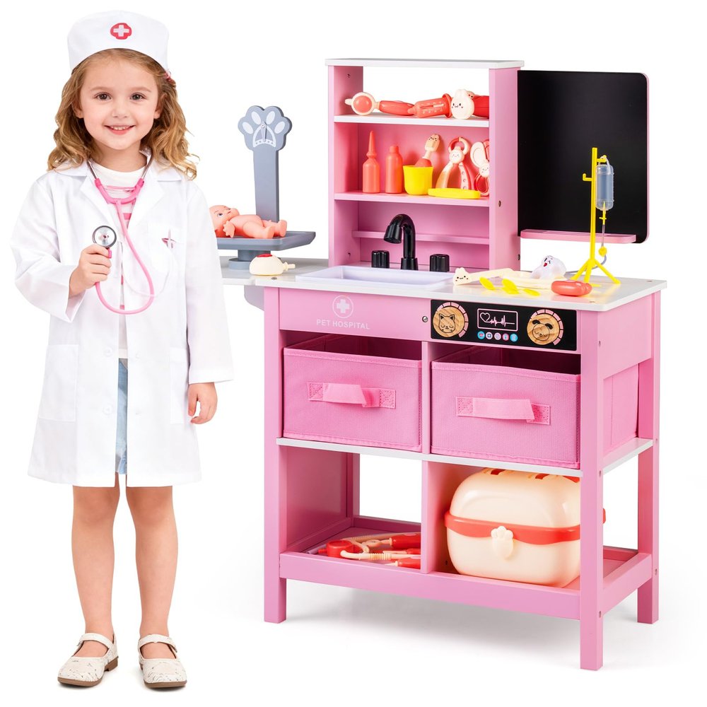 Costzon Kids Wooden Doctor Playset, Medical Activity Center Toy Set w/Blackboard, Pet Scale, Faucet, Sink, Folding Tabletop, Drawers, Carrying Case, Pretend Hospital Playset for Boys Girls 3+ (Pink)