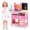 Costzon Kids Wooden Doctor Playset, Medical Activity Center Toy Set w/Blackboard, Pet Scale, Faucet, Sink, Folding Tabletop, Drawers, Carrying Case, Pretend Hospital Playset for Boys Girls 3+ (Pink) view 1