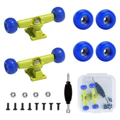 DisplayMore 19PCS Fingerboard Skateboard Bearing Wheels Tool Set, Yellow Trucks & Blue Spherical Fingerboard Bearing Wheels & Nuts & Screw & Screwdriver