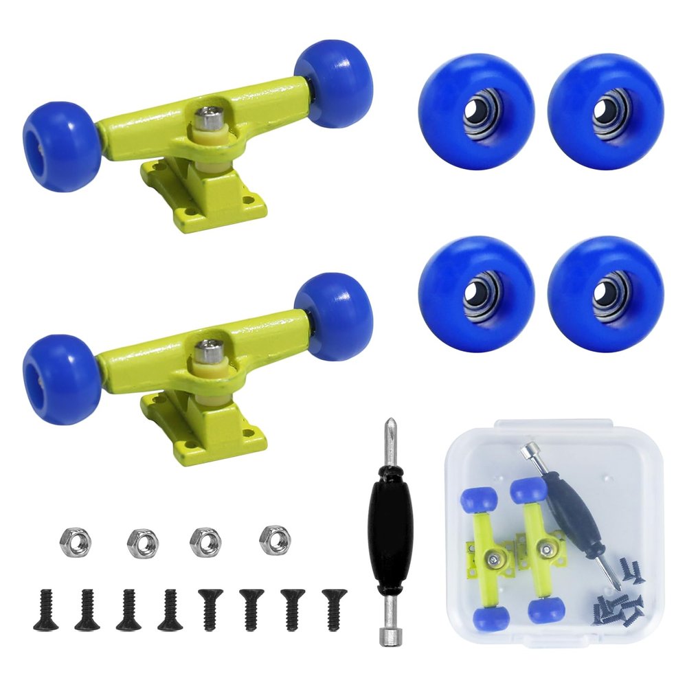 DisplayMore 19PCS Fingerboard Skateboard Bearing Wheels Tool Set, Yellow Trucks & Blue Spherical Fingerboard Bearing Wheels & Nuts & Screw & Screwdriver