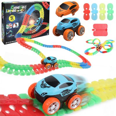 PolaZIA Electric Magnetic Train Set, 3D 92PCS Anti Gravity Race Track Flexible for Kids Ages 4-8, Glow in The Dark Race Track Set with LED Light-Up Car, 360Climbing Car Race Track