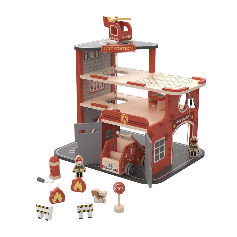 Freniland Wooden Fire Station Playset, 4-Level Pretend Play Firehouse with Fire Truck, Helicopter, Figures & Accessories, Educational Role Play Toy for Toddlers Kids Age 3+