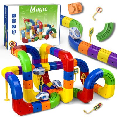 Electric Train Set Flexible Race Track,Motorized Gravity-Defying Vehicle with DIY Flexible Tracks, Boys & Girls Ages 3 4 5 6 7 8, (123PCS)